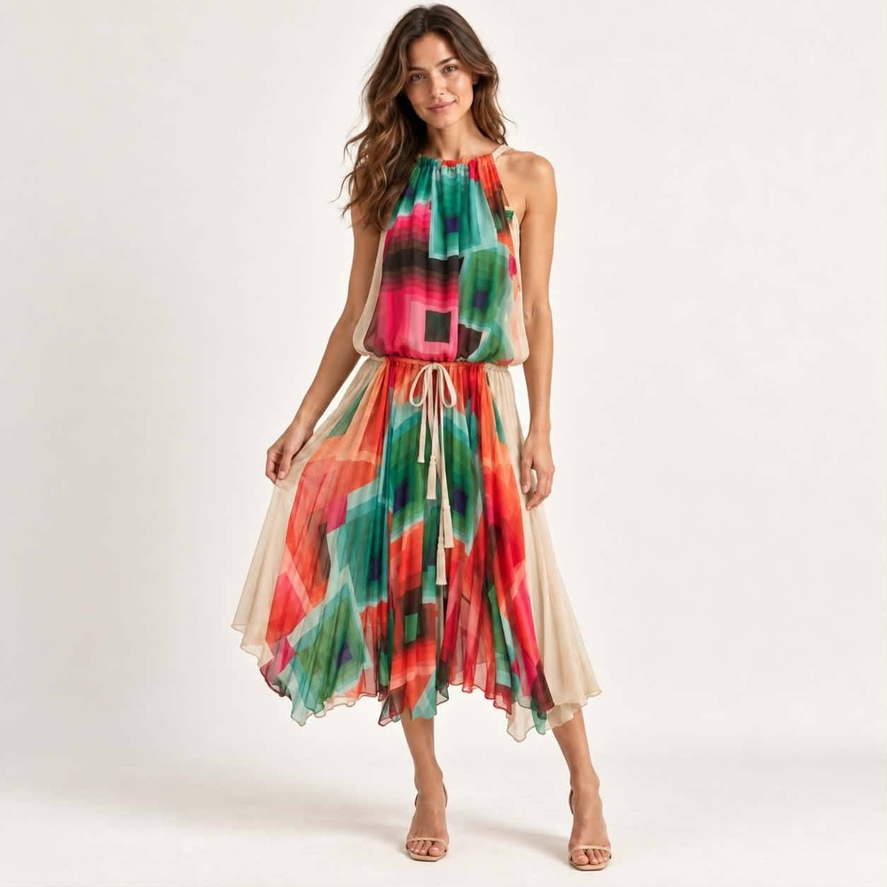 Desigual Pleated Halter Midi Dress 36 Multicolor Abstract Drawstring Boho
